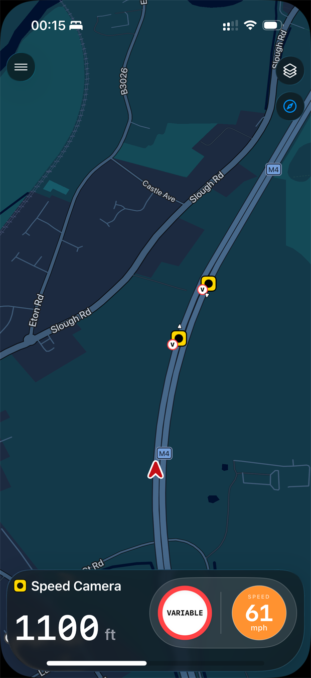 Skoot app showing a live speed camera alert on the M4 — 1100 ft to a variable limit camera, current speed 61 mph.
